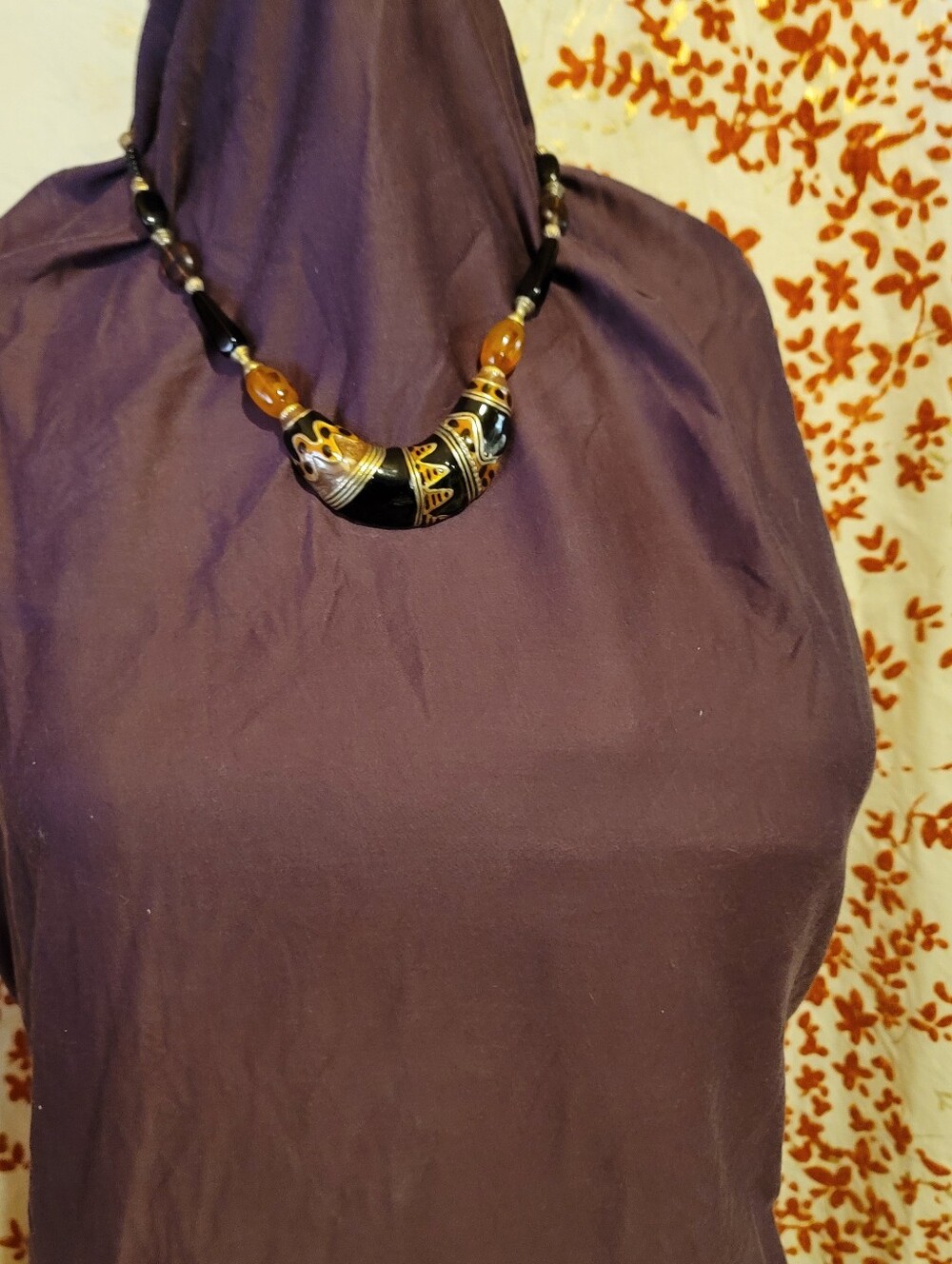 Chico's Black and Amber Bead Statement Necklace On Adjustable Chain